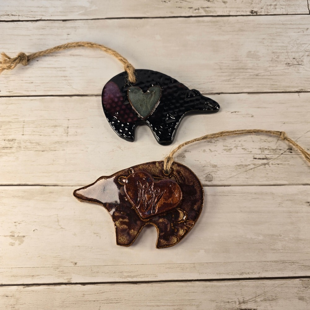 Handmade Ceramic Bear Ornaments Set of 2 Rustic Glazed Heart Woodland Decor